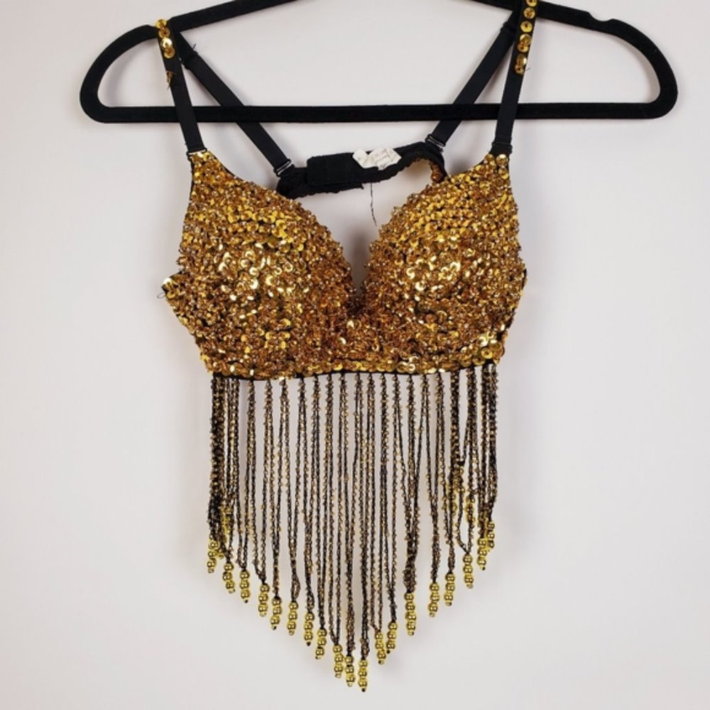 Belly Dance Costume Gold Sequin Beaded Fringe
